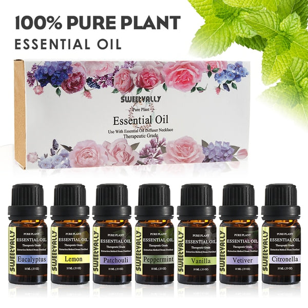Sweetvally 7pcs Natural Essential Oil 10ml Effectively Relieve Pain Stable Mood Nourish Skin Pure Plant Basil Oil Massage Oil